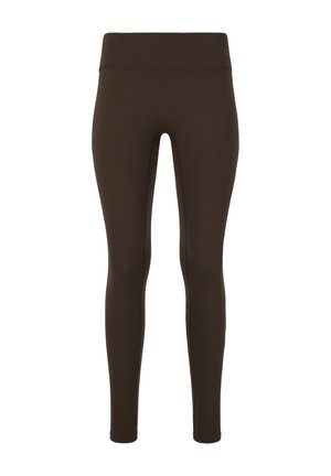 Leggings marroni con vita alta, realizzati in tessuto elastico. Texture liscia e design aderente. Nessun motivo visibile o dettagli metallici.