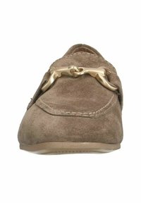 Suede loafers in light brown with a rounded toe, featuring a gold-tone chain accent across the top and stitched detailing along the edges.