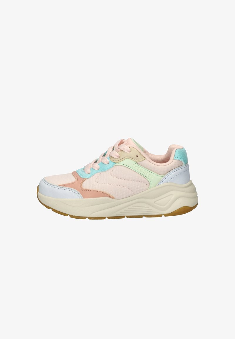 Lichte sneaker met een pastel kleurenpalet dat roze, mintgroen en witte panelen bevat. Het materiaal bestaat uit mesh en rubber voor flexibiliteit.