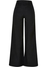 Pantalon noir à jambes larges avec taille haute et deux poches passepoilées à l'arrière, vu de dos sur fond blanc.
