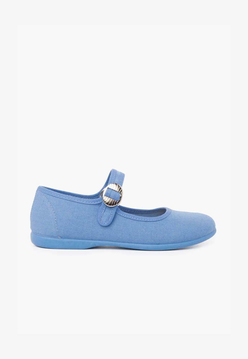 Blue canvas Mary Jane shoe with a round toe, a strap with a silver buckle, and a flat rubber sole. Smooth texture and padded interior.