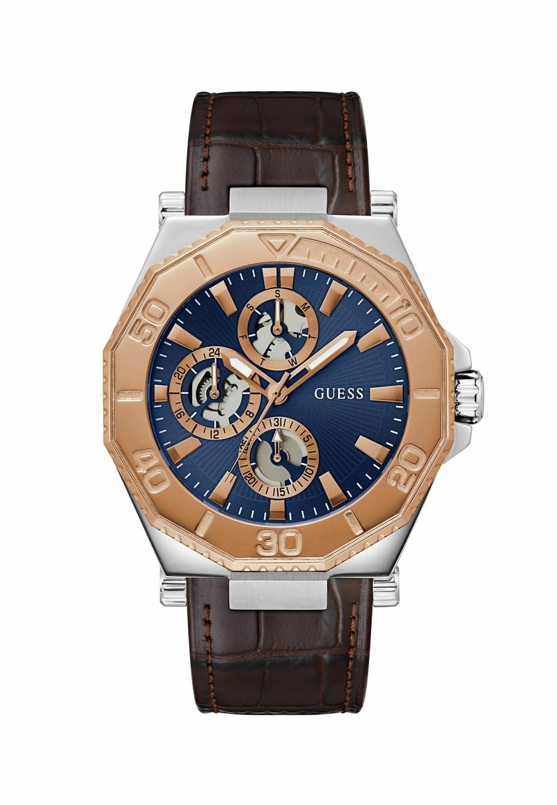 Guess Orologio Uomo Cronografo Con Cinturino In Pelle Grigia - Cassa 46mm, Funzioni Giorno/Data, Impermeabile 3 Bar