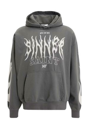 Hallhalli hallist puuvillast, esiküljel taskuga. Ees on suured valged leegitaolised kirjutised "SINNER SAINT" ja varrukatel leegikujundused.