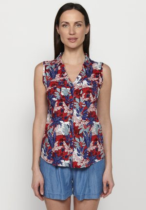 Blusa senza maniche floreale con uno sfondo rosso e foglie blu, verdi e bianche. Design con bottoni e colletto, con una vestibilità comoda.