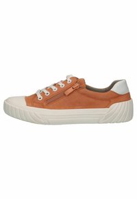 Low-top orange sneaker with white rubber sole, white laces, side zipper, and white heel accent, viewed from the outer side.