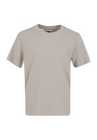 Béžové žebrované tričko s kruhovým výstřihem a krátkými rukávy. Vyrobeno z texturované tkaniny, má rovný střih a minimalistický design.