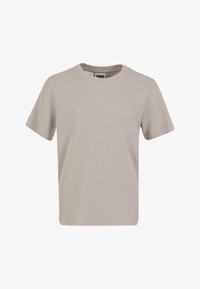 Beige ribbet t-shirt med rund halsudskæring og korte ærmer. Fremstillet af struktureret stof, har den en lige pasform og et minimalistisk design.