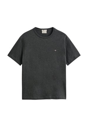 Dunkelgraues Baumwoll-T-Shirt mit kurzen Ärmeln, Rundhalsausschnitt und kleinem, besticktem rot-weiß-blauem Schild-Logo auf der linken Brust.