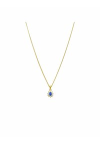 Collier en chaîne dorée avec un pendentif floral, doté d'une pierre précieuse bleue centrale entourée de petites pierres claires.