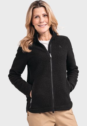 Black fleece jacket with a zip front, side pockets, and high collar. Textured material with a smooth lining. Minimal branding on the chest.