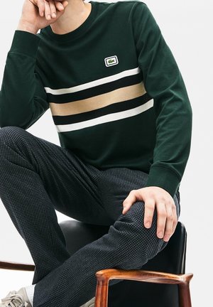 Grüner Pullover mit horizontalen schwarzen, weißen und beigen Streifen; verfügt über ein kleines Logo-Patch auf der Brust. Getragen mit gemusterten dunklen Hosen.