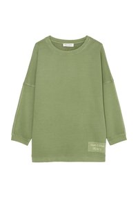Felpa verde con una vestibilità rilassata, ampio scollo a girocollo e maniche scese. Presenta l'etichetta 'Marc O'Polo PEACE' sull'orlo.