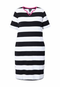 Schwarz-weißer gestreifter Kleid mit V-Ausschnitt und kurzen Ärmeln. Verfügt über eine pinkfarbene Akzentuierung am Ausschnitt. Entworfen mit Seitenschlitzen für mehr Bewegungsfreiheit.