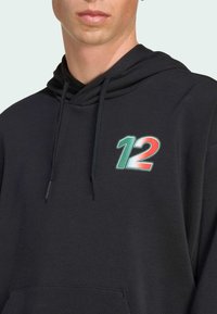 Sort hættebluse med snor i hætten og frontlomme. Har et multicolor "12" grafik i grøn, rød og hvid på brystet.