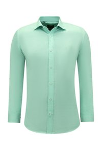 Muntgroene overhemd met lange mouwen en button-down kraag, met een gladde textuur en subtiel geborduurd logo op de borst.