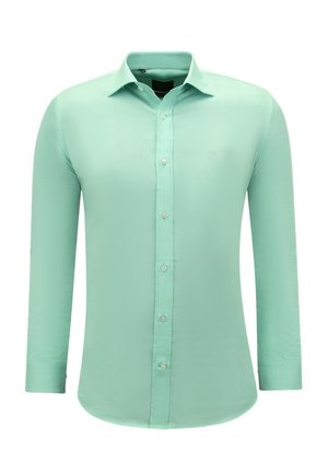 Muntgroene overhemd met lange mouwen en button-down kraag, met een gladde textuur en subtiel geborduurd logo op de borst.