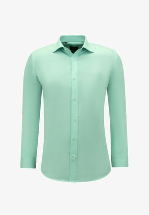 Muntgroene overhemd met lange mouwen en button-down kraag, met een gladde textuur en subtiel geborduurd logo op de borst.