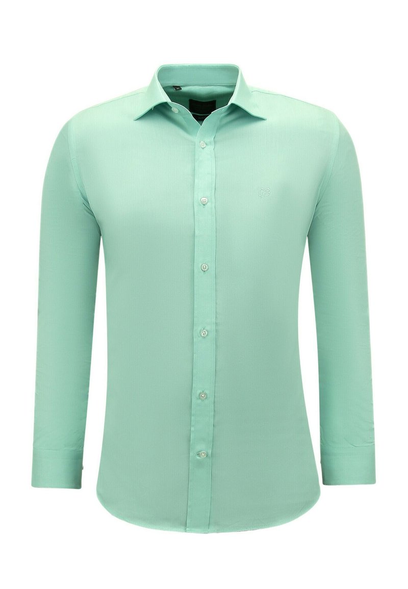 Muntgroene overhemd met lange mouwen en button-down kraag, met een gladde textuur en subtiel geborduurd logo op de borst.