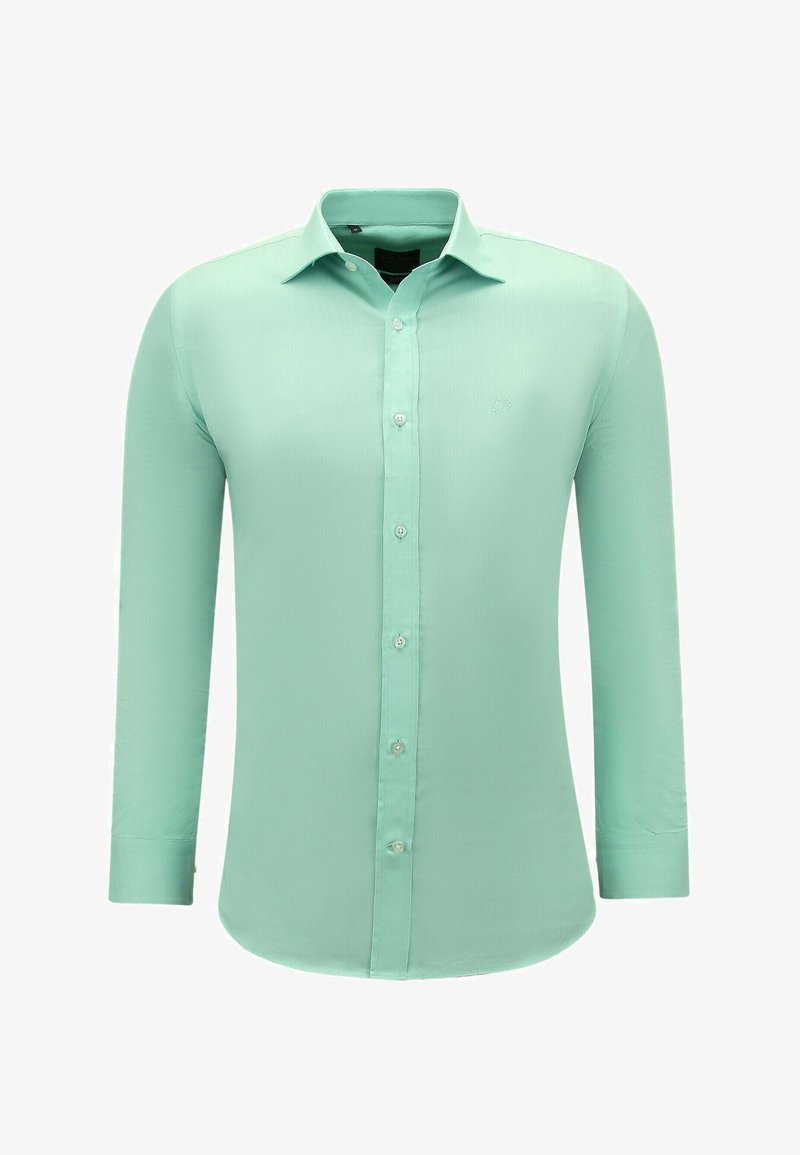 Muntgroene overhemd met lange mouwen en button-down kraag, met een gladde textuur en subtiel geborduurd logo op de borst.