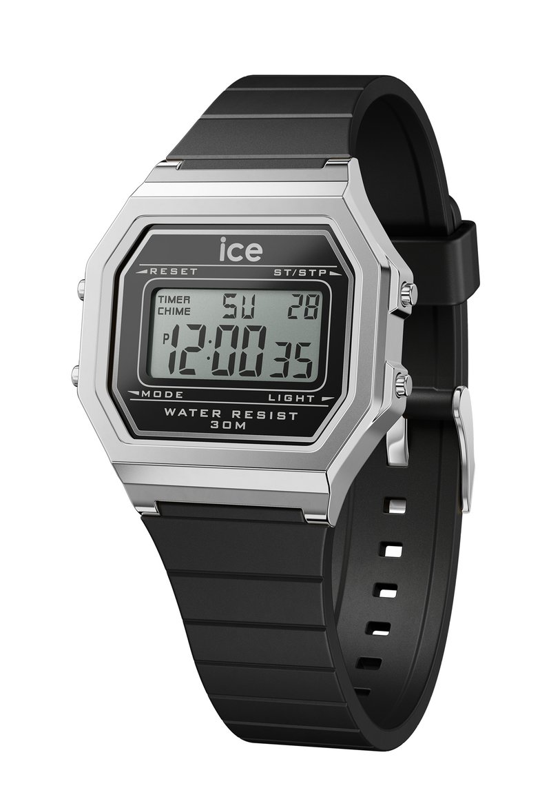 Reloj digital con caja de acero inoxidable plateada, correa de goma negra y pantalla digital que muestra la hora y la fecha. Resistente al agua hasta 30 m.