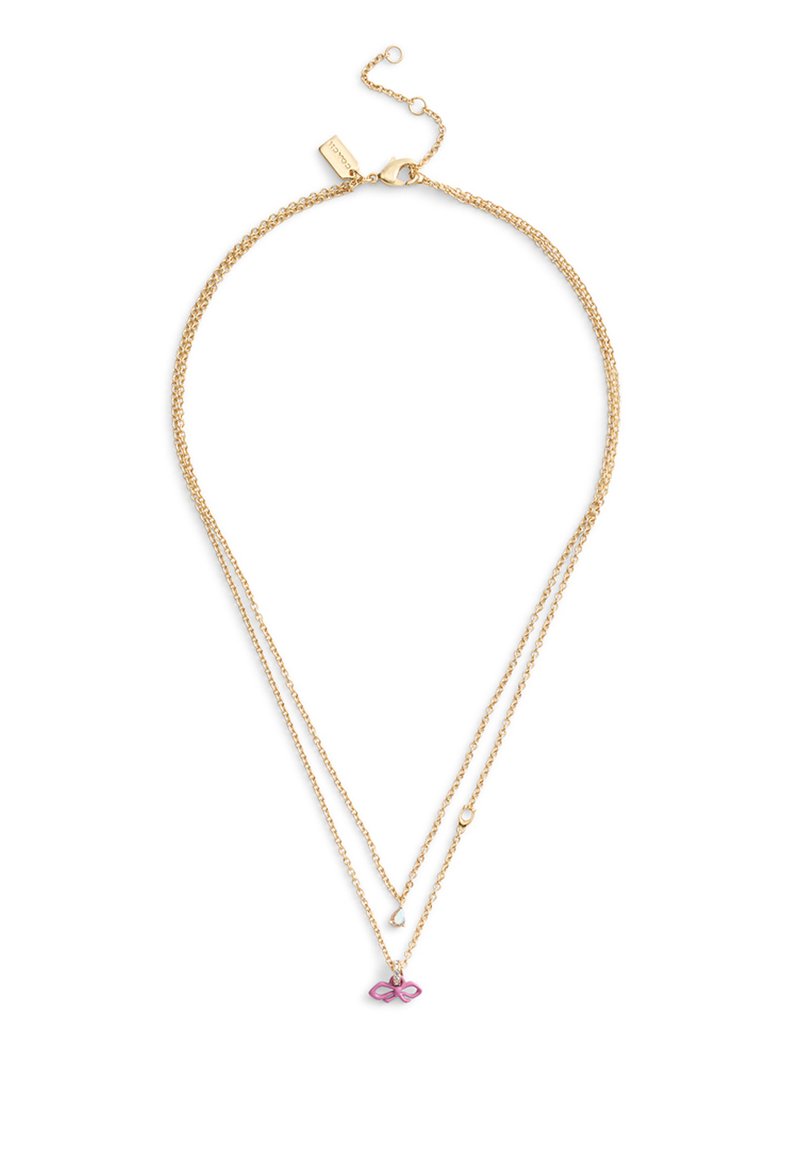 Collier superposé ton or avec deux chaînes fines, muni d'un pendentif nœud rose et d'une fermeture à boucle avec longueur ajustable.