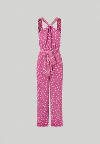 Un mono de estampado rosa con tirantes finos, una cintura anudada y un corte holgado. Presenta diseños geométricos en tonos blancos y rosa más oscuro.