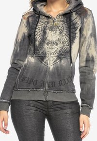 Grijze hoodie met rits, een adelaar afbeelding, verweerde details en zwarte letters. Voorzien van een capuchon met trekkoord en geribbelde manchetten.