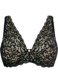Reggiseno in pizzo nero con motivi floreali, scollatura profonda, bordi ondulati e un piccolo dettaglio decorativo al centro.