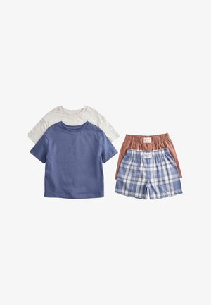 Two short-sleeve t-shirts in gray and blue paired with two elastic waist shorts, one solid rust and one blue plaid pattern.