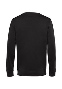 Sweatshirt nero con maniche lunghe, scollatura tonda e polsini e orlo a coste. Il tessuto sembra morbido con una consistenza liscia e senza pattern.