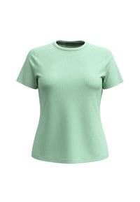 T-shirt vert menthe à manches courtes en tissu texturé avec un col rond. Présente une coupe ajustée et un motif subtil.