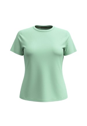 Mint green short-sleeve t-shirt made of textured fabric with a round neckline. Features a fitted silhouette and subtle pattern.