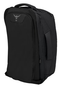 Sac à dos noir en tissu durable, avec un design élégant, des poignées rembourrées, des poches latérales et un logo bien en vue sur le panneau avant.