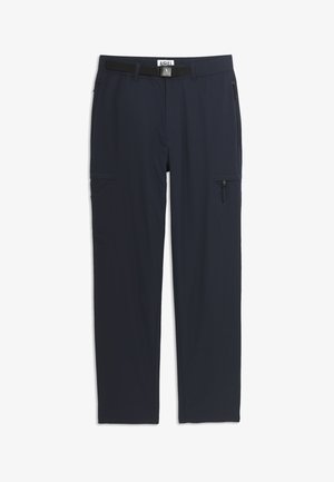 Pantalones cargo en color navy hechos de una tela suave y elástica con un corte slim, que cuentan con múltiples bolsillos y un pasador para cinturón para un ajuste ajustable.