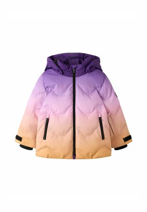 Doudoune enfant avec capuche, fermeture éclair à l'avant et poches zippées, dégradé du violet en haut au pêche en bas.