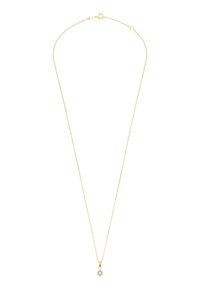 Collier en chaîne dorée avec un petit pendentif en forme de fleur, doté d'un gemme transparent au centre, mettant en valeur une texture lisse et un design délicat.