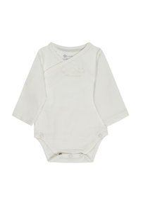 Cream-colored long-sleeve baby bodysuit with snap closures at the bottom and small animal face illustrations above "little friends" text.