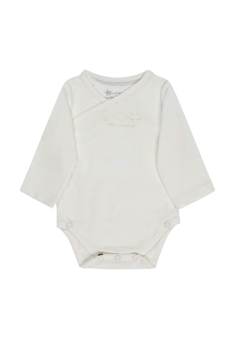Cream-colored long-sleeve baby bodysuit with snap closures at the bottom and small animal face illustrations above "little friends" text.