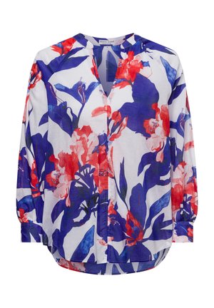 Blumenbluse mit weißem Hintergrund, die mit roten und blauen Blumenmustern verziert ist. Sie hat einen V-Ausschnitt, lange Ärmel und einen lässigen Schnitt.