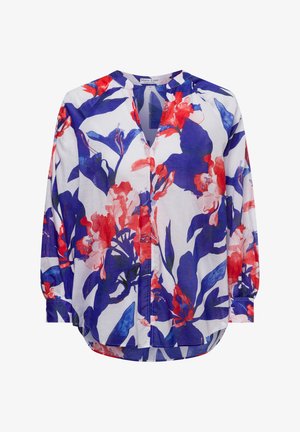 Blumenbluse mit weißem Hintergrund, die mit roten und blauen Blumenmustern verziert ist. Sie hat einen V-Ausschnitt, lange Ärmel und einen lässigen Schnitt.