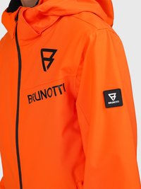 Svijetlo narančasta jakna s crnim patentnim zatvaračem, kapuljačom i "Brunotti" logotipom na prsima i rukavu.
