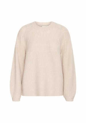 Pehmeas beežis lõngakudumisest pullover, ümarate kaelustega, ribatreeritud tekstuuriga, langetatud õmblustega õlgadel ja laiade varrukatega, mis pakub mugavat istuvust.