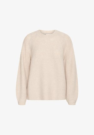 Minkštas kreminis megztinis su apvaliu iškirpimu, raukšlėtu tekstūru, pakeltom pečių siūlėm ir plačiomis rankovėmis, suteikiančiomis laisvą siluetą.