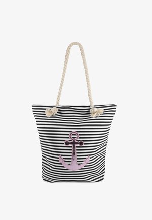 Bolsa de tote de algodón rayada con un detalle de ancla brillante en color rosa, asas de cuerda trenzada color crema y un diseño espacioso y abierto.