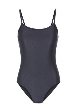 Melna viengabala peldkostīms ar plānām regulējamām siksnām, gludu tekstūru un augstu kāju designu. Izgatavots no elastīga, mirdzoša auduma.