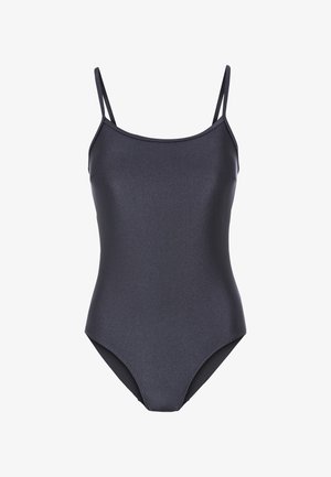 Zwarte ééndelige badpak met dunne verstelbare bandjes, een gladde textuur en een hoge beenuitsnijding. Gemaakt van rekbaar, glanzend materiaal.