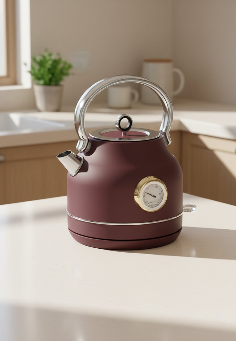 Tmavě červená elektrická konvice se stříbrnou rukojetí a teploměrem na bílém kuchyňském pultu v jasné místnosti.