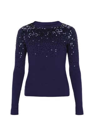 Navy blue knit sweater with long sleeves, featuring a gradient of black and silver sequins on the shoulders and upper chest.