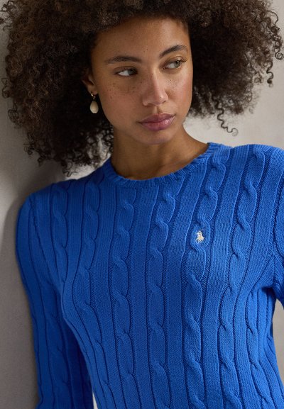 Μπλε πλεκτό πουλόβερ με σχέδιο κοτσίδας, στρογγυλή λαιμόκοψη και μικρό λογότυπο στο στήθος. Λείο υλικό και εφαρμοστά μακριά μανίκια.