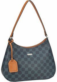 Shoulder bag in navy with a geometric pattern. Features brown leather accents, a detachable tag, and a smooth texture.